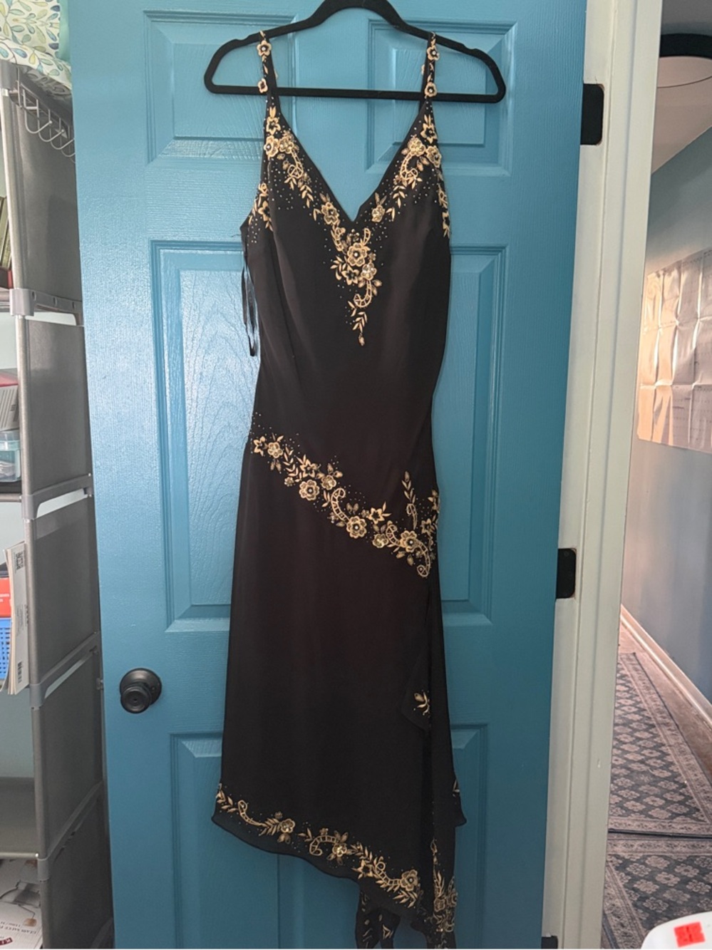 Aspeed Black Slip Dress with Gold Floral Embroidery